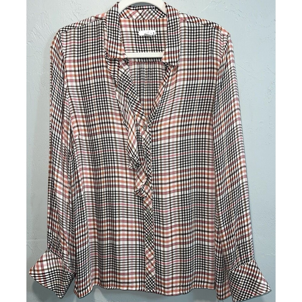 J Jill Shirt Long Sleeve Mother Of Pearl Buttons Ruffle V Neck Plaid Women’s L